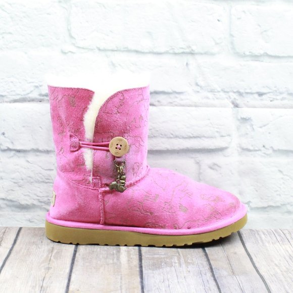 UGG Australia Fauna Princess Pink Suede Sheepskin Button Charm Winter Boots US 4 - Picture 2 of 10